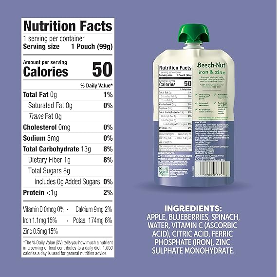 beech nut baby & toddler food pouches with iron & zinc, apple blueberry & spinach puree, 3.5 oz (12 pack) beech nut baby & toddler food pouches with iron & zinc, apple blueberry & spinach puree, 3.5 oz (12 pack)